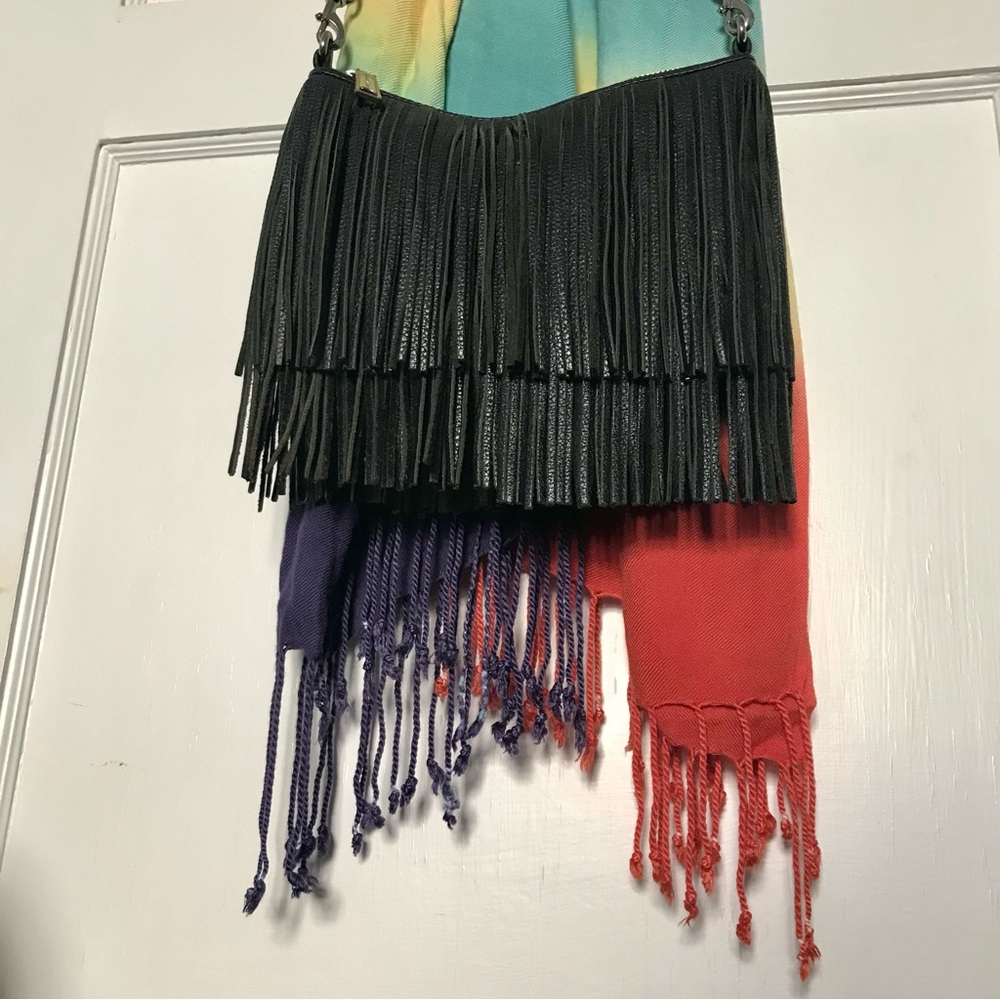 Rebecca Minkoff Purse Finn Black Leather Suede Fringe Clutch Crossbody Bag - Picture 5 of 10